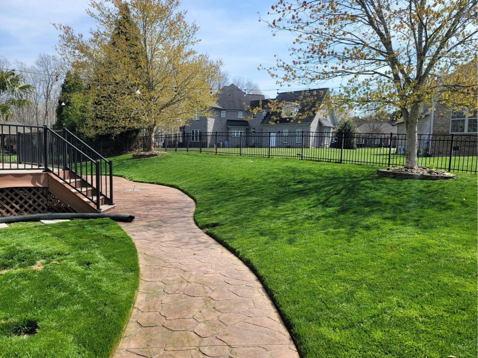 Striped lawn beside a paver walkway